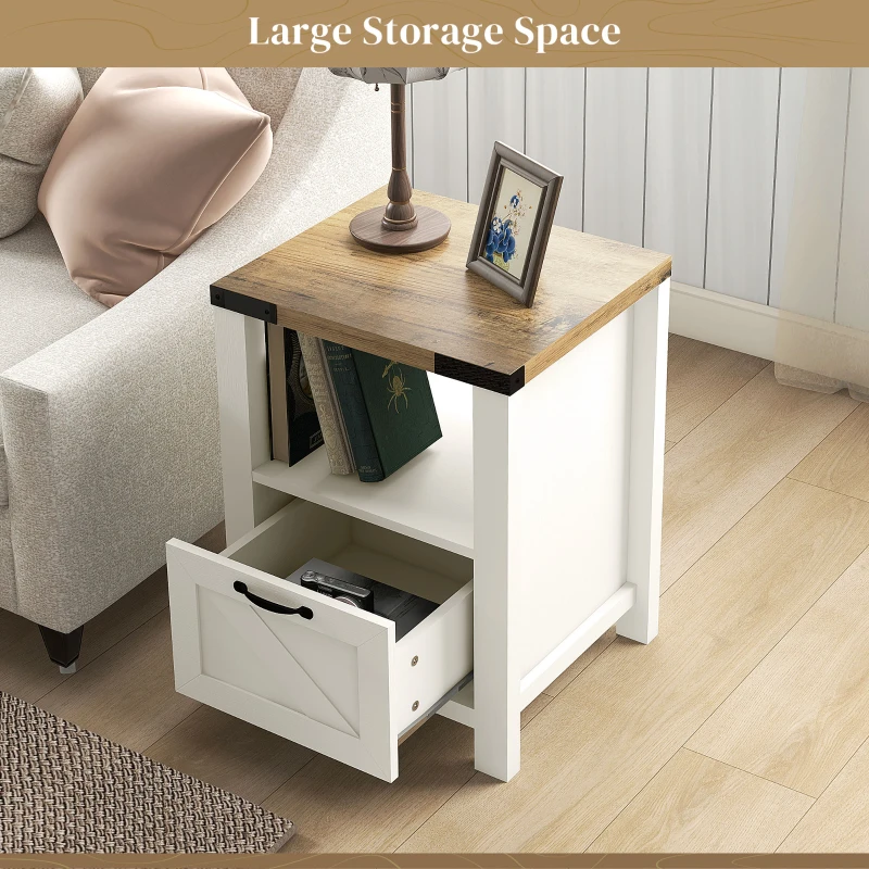 HOMCOM Side Table with Storage, Farmhouse End Table with Drawer, Open Shelf and Barn-style Panel, Nightstand for Living Room, Bedroom, White