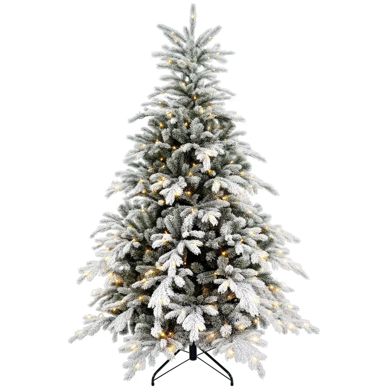 HOMCOM 6ft Artificial Prelit Christmas Tree with Warm White LED Light and Snow Flocked Branches, Metal Base