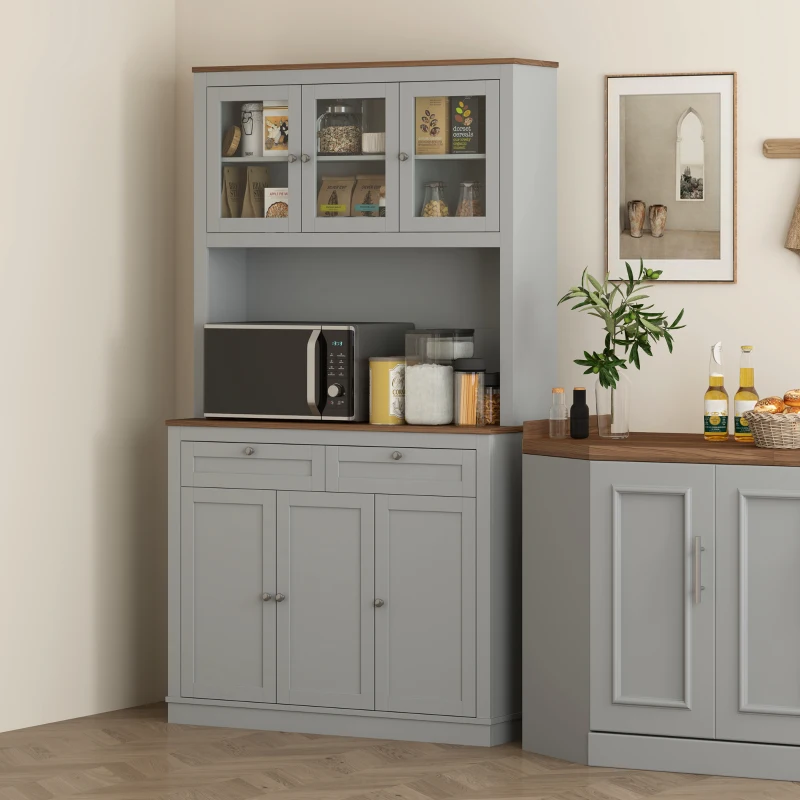 HOMCOM 71" Kitchen Pantry Cabinet with Microwave Stand, Kitchen Hutch with 2 Drawers and Adjustable Shelves, Gray(m-2)
