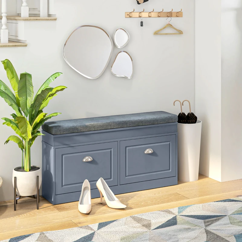 HOMCOM Modern Shoe Storage Bench, Entry Way Bench with Cushion, 2 Drawers, Storage Ottoman Bench, Holds 8 Pairs, Gray