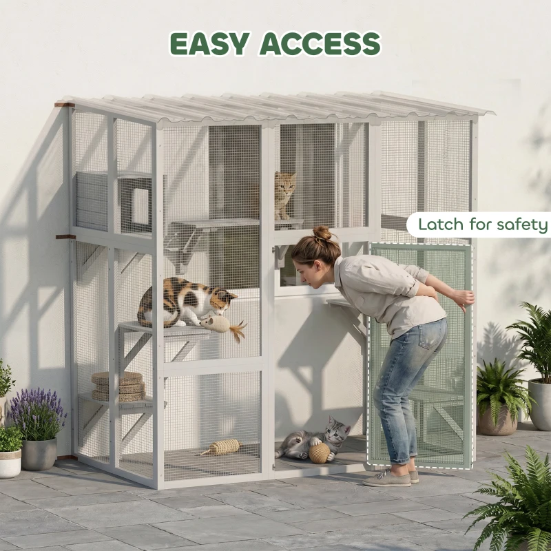 PawHut Large Outdoor Catio with Weatherproof Roof, Bridge, Resting Box, Platforms, White