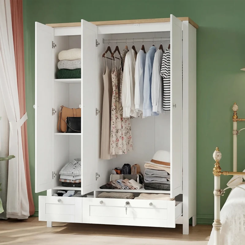HOMCOM 3 Doors Wardrobe Closet with 2 Drawers, Bedroom Armoire with Lockable Drawer, Hanging Rod and Storage Shelves, White