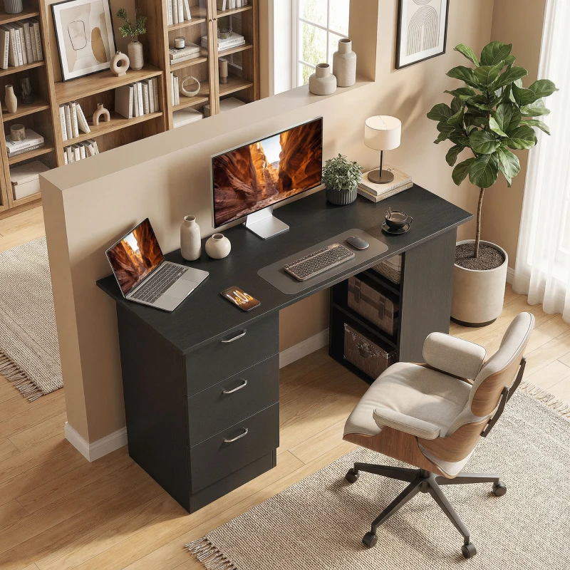 HOMCOM Computer Desk, 47" Writing Table with 3-Tier Shelves and 3 Reversible Drawers for Home Office, Bedroom, Black