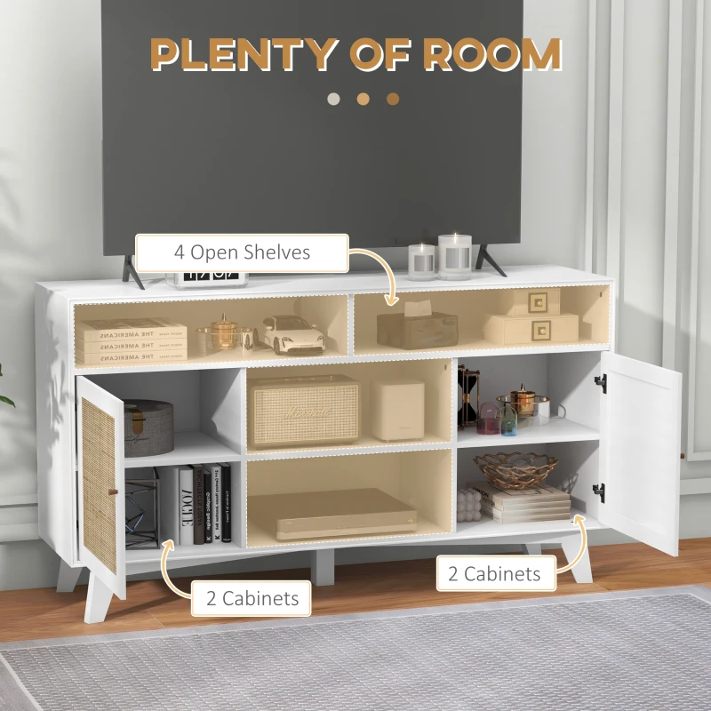 HOMCOM TV Stand Cabinet for 65-Inch, TV Table with 2 Rattan Doors, Television Stand with Adjustable Shelves, 4 Open Shelves
