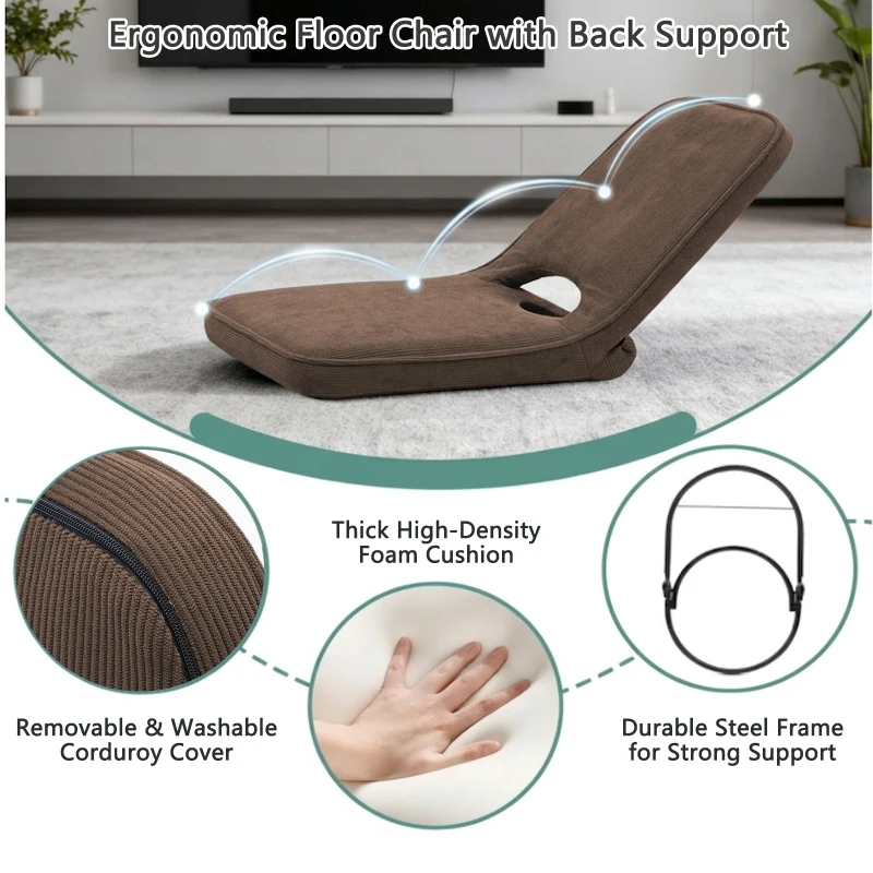 Floor Chair with Adjustable Back Support, Foldable Padded Gaming Floor Seat for Adults & Kids, Multi-Position Meditation Chair with Corduroy Cover for Reading, Gaming & Watching TV (Brown)