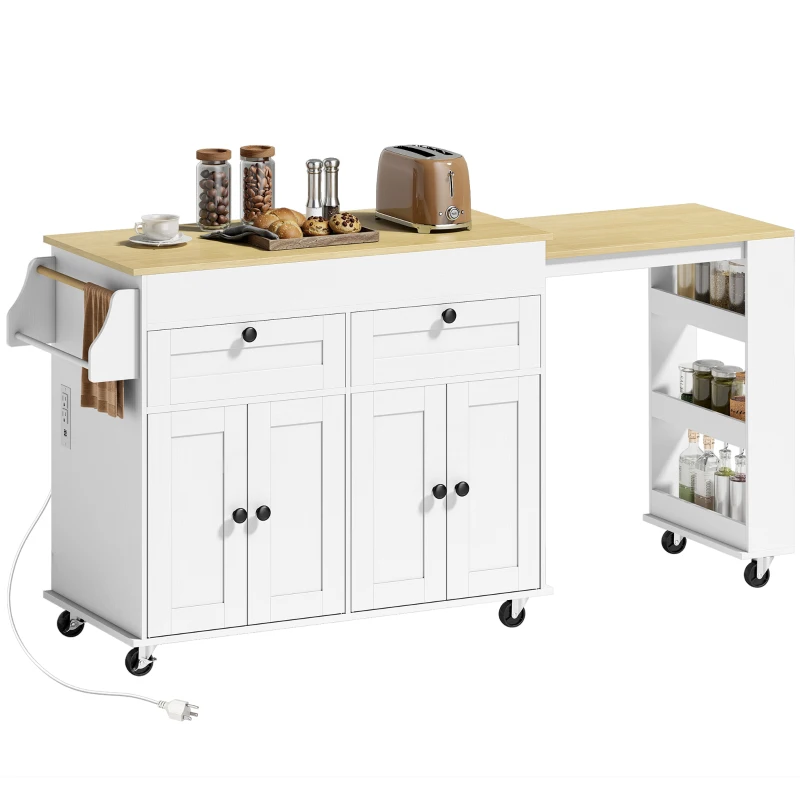 HOMCOM Kitchen Island with Sliding Expandable Top, Rolling Kitchen Cart with Drawers, Cabinets & Spice Rack, White