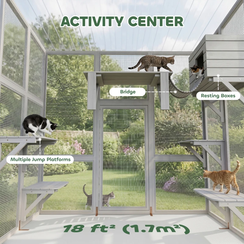 PawHut Large Outdoor Catio with Weatherproof Roof, Bridge, Resting Box, Platforms, White