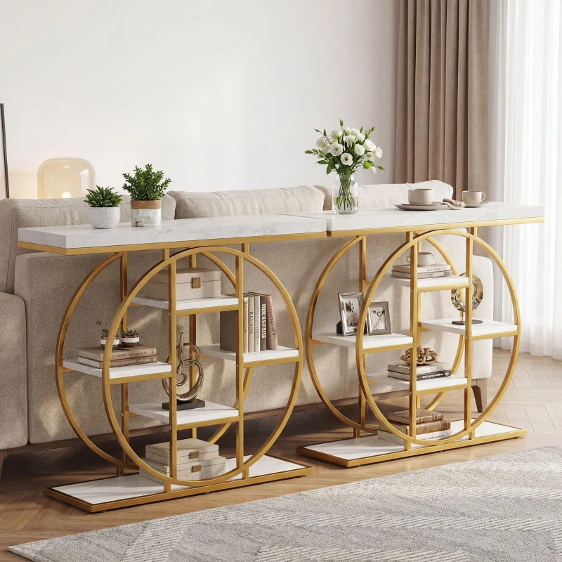 HOMCOM 39.4" Console Table with Storage Shelves, Industrial Sofa Table for Living Room, Hallway, White Marble Effect