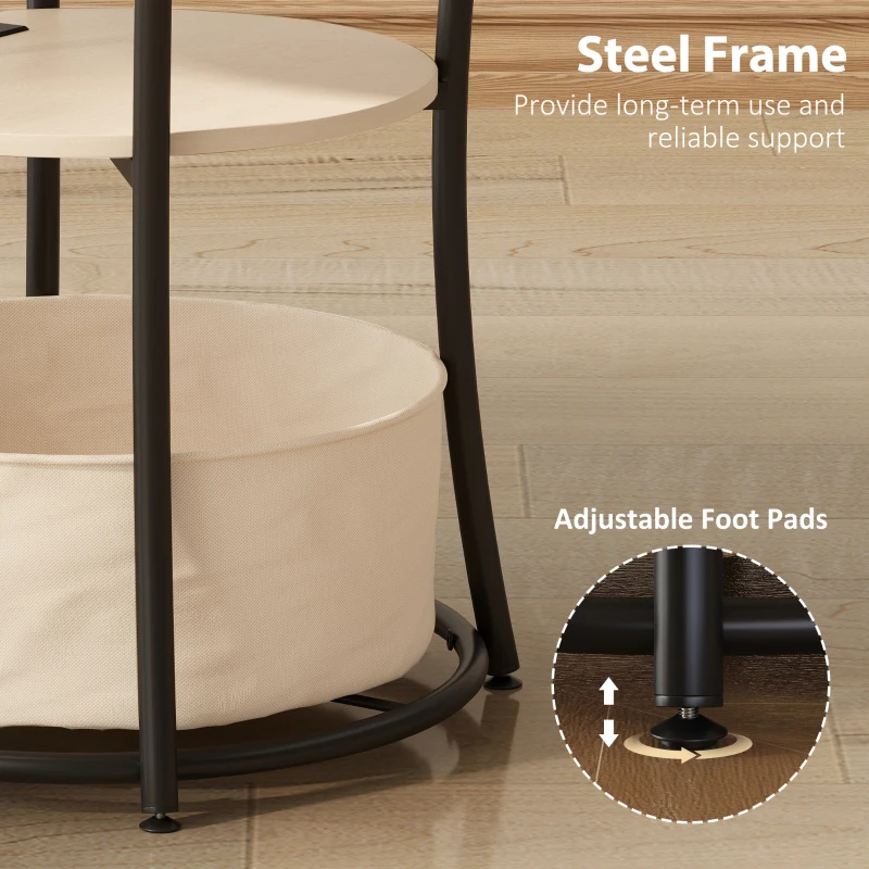 HOMCOM Round Side Table with Charging Station, 3-Tier End Table with Fabric Storage Bag and Shelf, Natural Wood