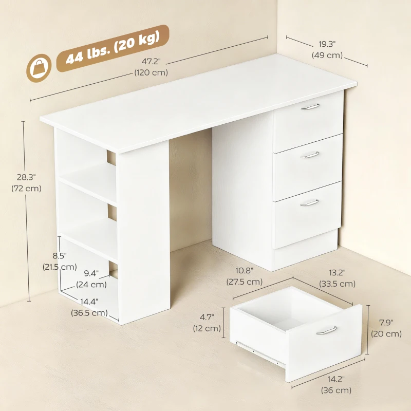 HOMCOM Computer Desk, 47" Writing Table with 3-Tier Shelves and 3 Reversible Drawers for Home Office, Bedroom, White