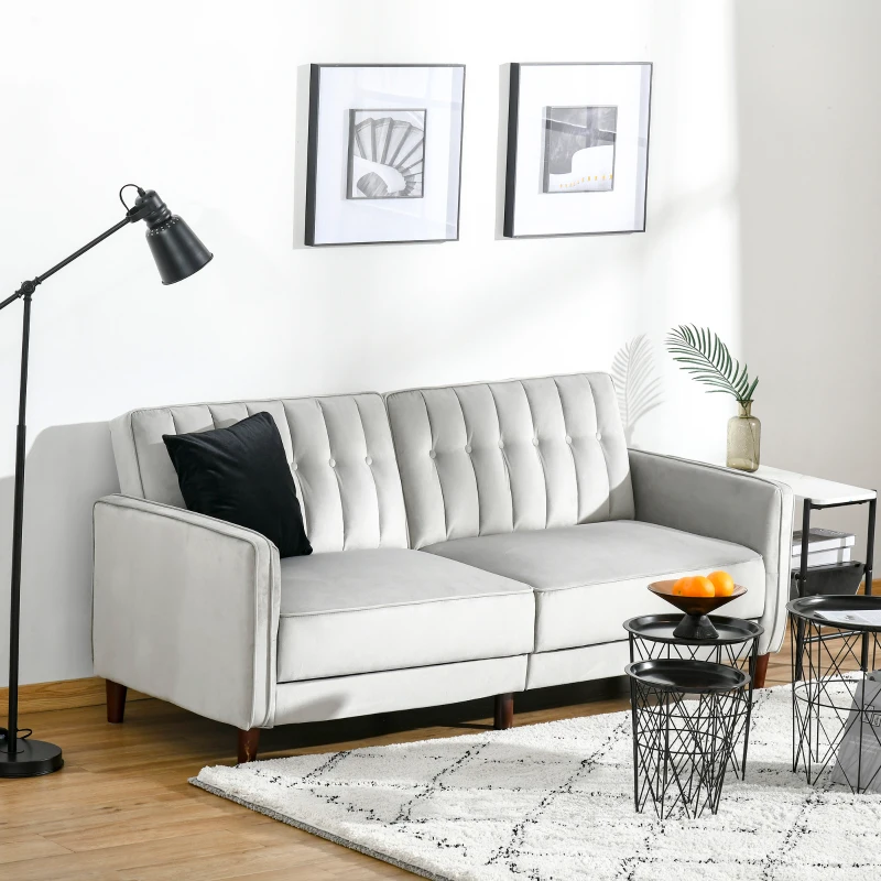 HOMCOM Convertible Sofa Sleeper Futon with Split Back Design Recline, Thick Padded Velvet-Touch Cushion Seating and Wood Legs, Light Grey