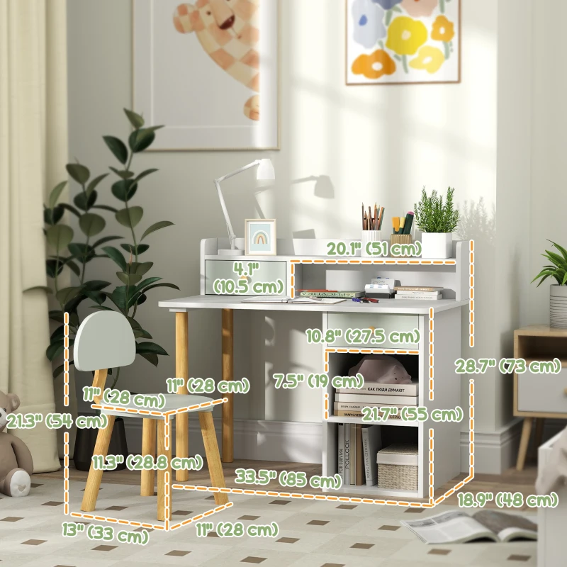 Qaba Kids Study Table and Chair Set, Kids Desk and Chair Set w/ Storage and Shelves, for 3-8 Year Old, Green