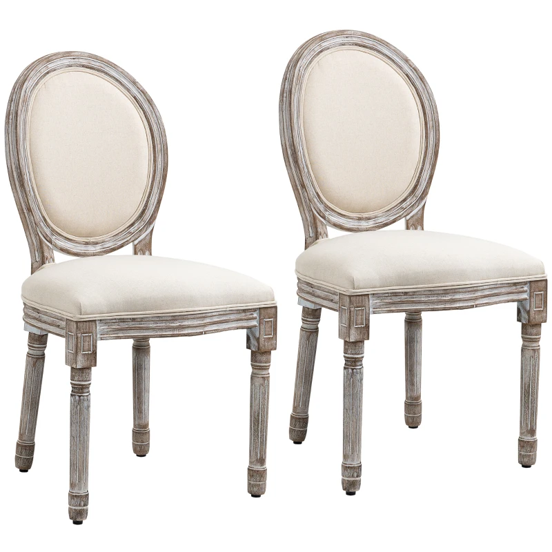 HOMCOM Dining Chairs Set of 2, French Style Linen Fabric Upholstered Kitchen Chairs with Backs and Wood Legs for Dining Room, Living Room, Bedroom, Cream White