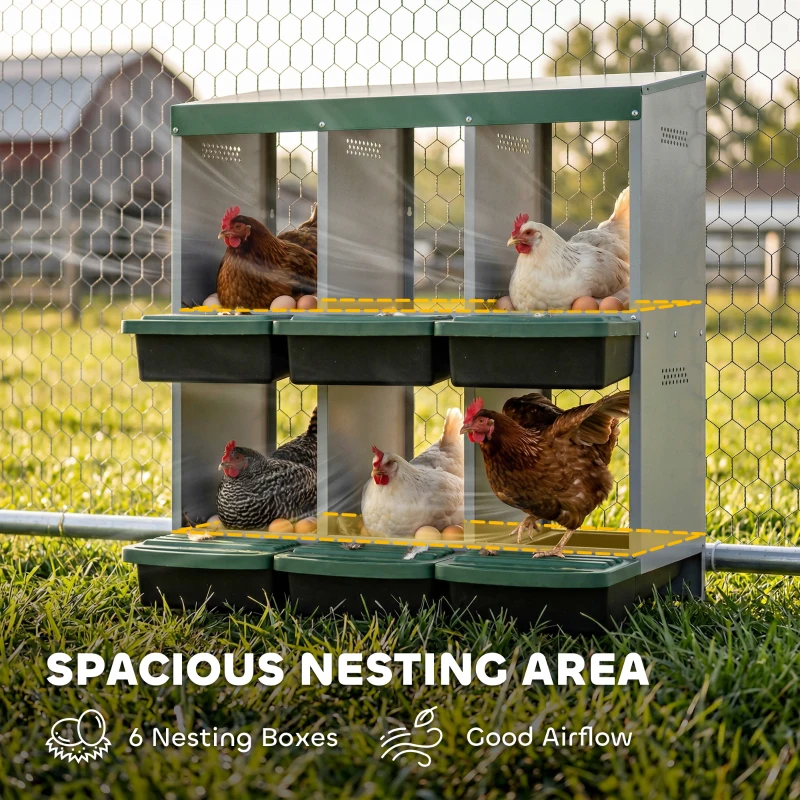 PawHut Chicken Nesting Boxes, 6 Compartment Metal Nesting Boxes for Chicken Coop, Egg Laying Boxes with Lid Cover
