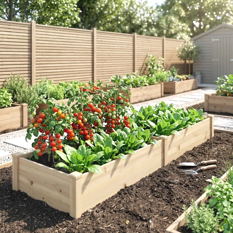 Outsunny 96" x 24" x 10" Wooden Raised Garden Bed with 2 Planter Boxes and Non-woven Fabric Liner for Patio, Natural