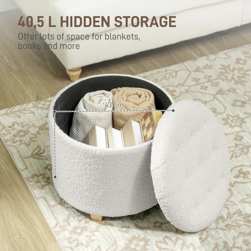 HOMCOM 18" Round Ottoman with Storage, Teddy Fleece Button Tufted Foot Stool with Lid, Wood Legs for Living Room Hallway, White