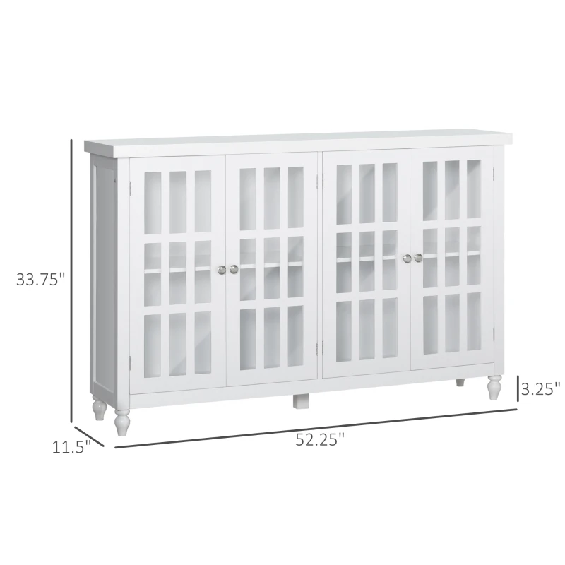 HOMCOM Sideboard, Buffet Cabinet with 4 Tempered Glass Doors, Stripe Pattern and Adjustable Storage Shelf, Credenza, White