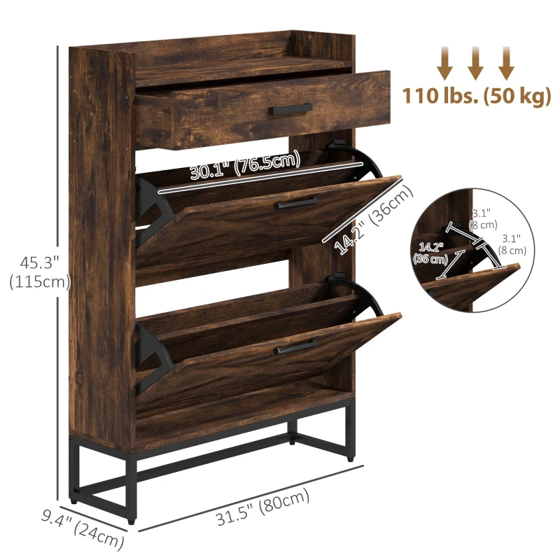 HOMCOM Slim Shoe Storage with 2 Flip Drawers and Adjustable Shelves Shoe Cabinet Organizer for 12 Pair, Rustic Brown