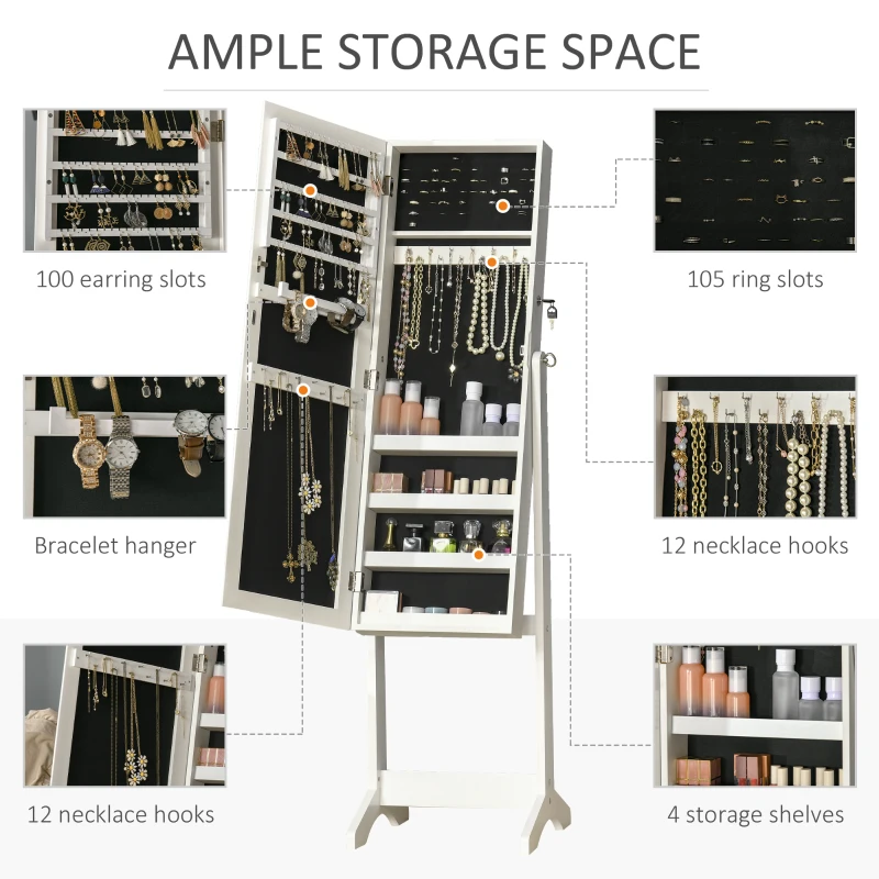 HOMCOM Floor Standing Jewelry Cabinet, Lockable Jewelry Organizer with Full-Length Mirror, and 3 Adjustable Angles, White