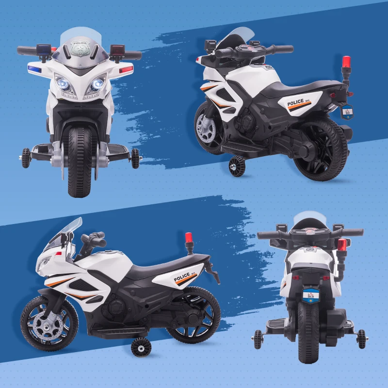Aosom 6V Kids Motorcycle Police Electric Ride-On Dirt Bike Off-road Street Bike Battery Powered Rechargeable Horn Headlights Training Wheels Realistic Sounds for Girls and Boys 18 - 36 months White