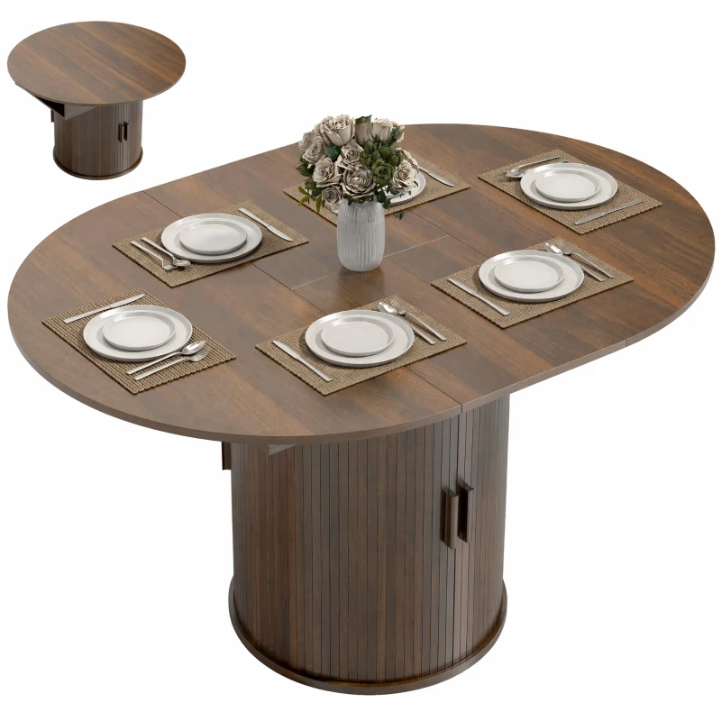 HOMCOM Extendable Dining Table for 6, 60" Farmhouse Kitchen Table with 2-Tier Storage Shelf and Fluted Sliding Doors, Walnut