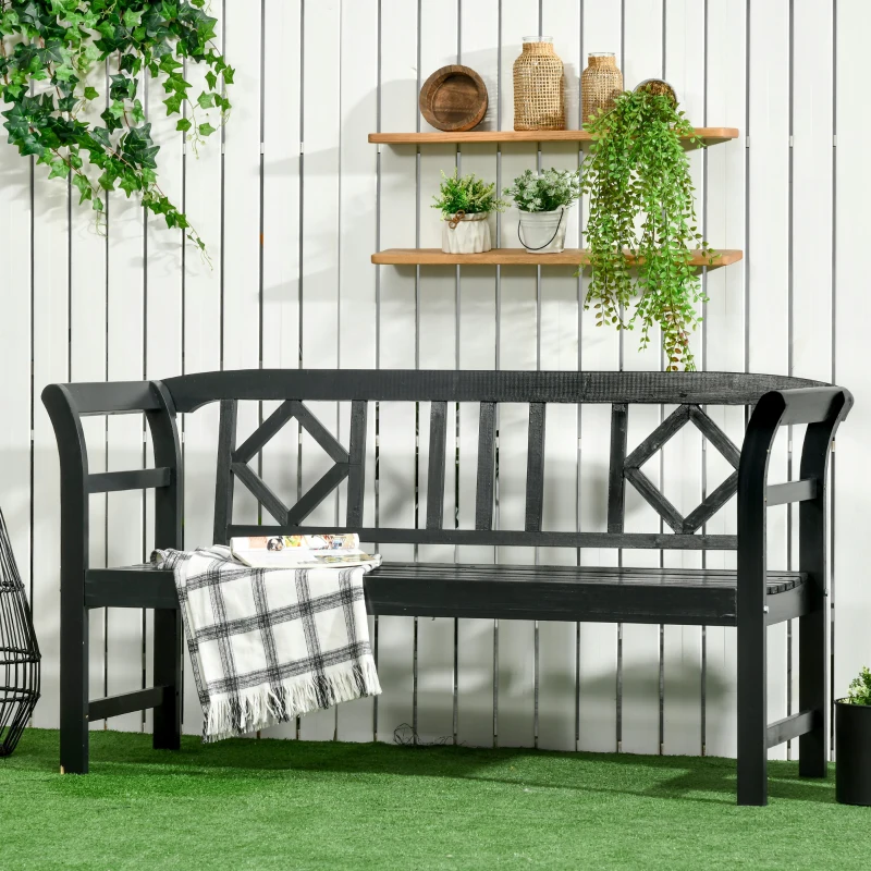Outsunny Wooden Patio Bench, Outdoor Garden Bench with Backrest and Armrests, 3 Person Porch Bench with Rustic Country Diamond Pattern, Black