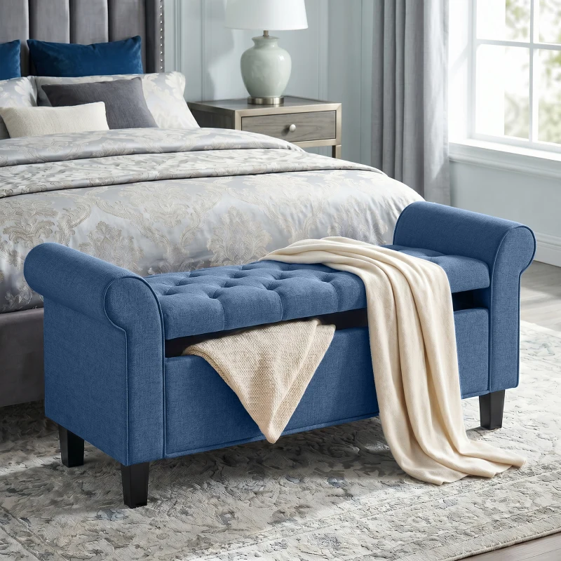 HOMCOM 47" Storage Ottoman Bench, Tufted End of Bed Bench with Rolled Arms, Safety Hinge, Wood Legs for Bedroom, Blue