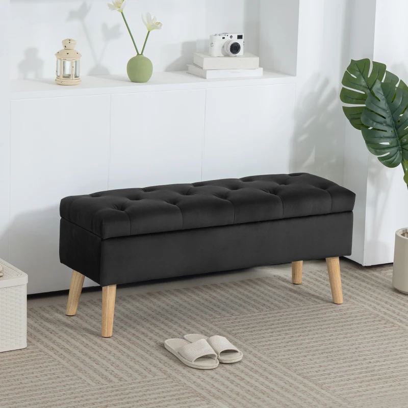 HOMCOM Storage Ottoman with Lid, Velvet Upholstered Storage Bench with Wood Legs for Living Room, Black