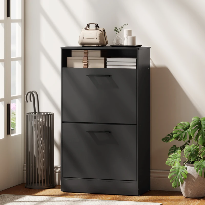 HOMCOM Shoe Cabinet 2 Flip Drawers Adjustable Dividers Shoe Storage Cabinet Top Shelf Entryway Black