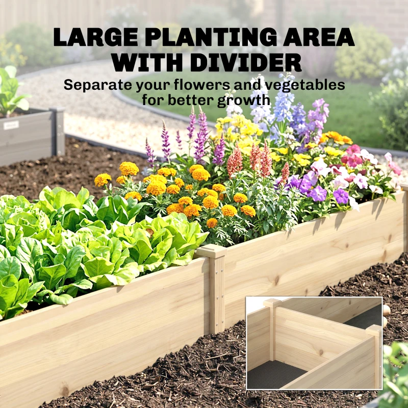 Outsunny 96" x 24" x 10" Wooden Raised Garden Bed with 2 Planter Boxes and Non-woven Fabric Liner for Patio, Natural
