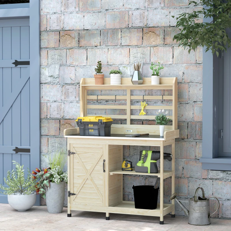 Outsunny Wooden Potting Bench with Storage, Aluminum Tabletop for Backyard, Patio, Balcony, Natural