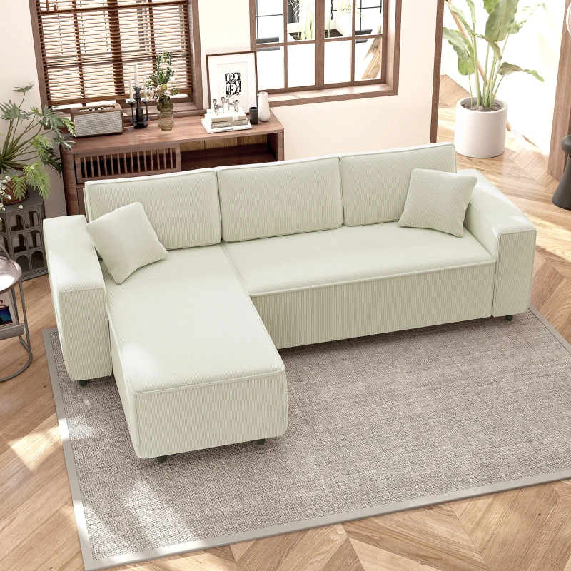 HOMCOM Corner Sofa with Reversible Chaise Lounge, Corduroy L-Shaped Sectional Sofa with Pocket Spring, Cream White