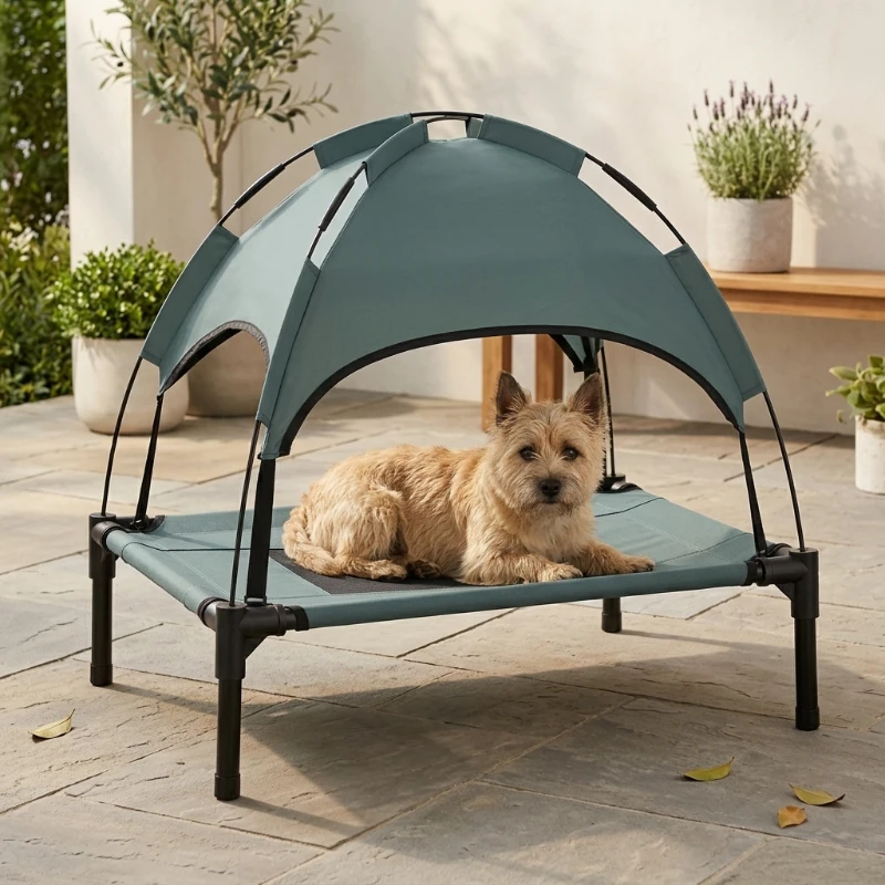 PawHut Elevated Dog Bed with Removable Canopy, Outdoor Dog Cot with UV Protection Canopy Shade, 24 inch Pet Bed for Camping, Gray