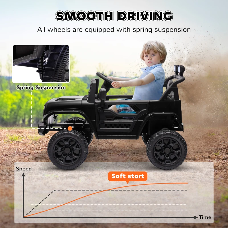 Qaba 12V Battery Powered Ride On Truck, Kids Electric Car with Spring Suspension, Remote, Horn, USB Music, Black