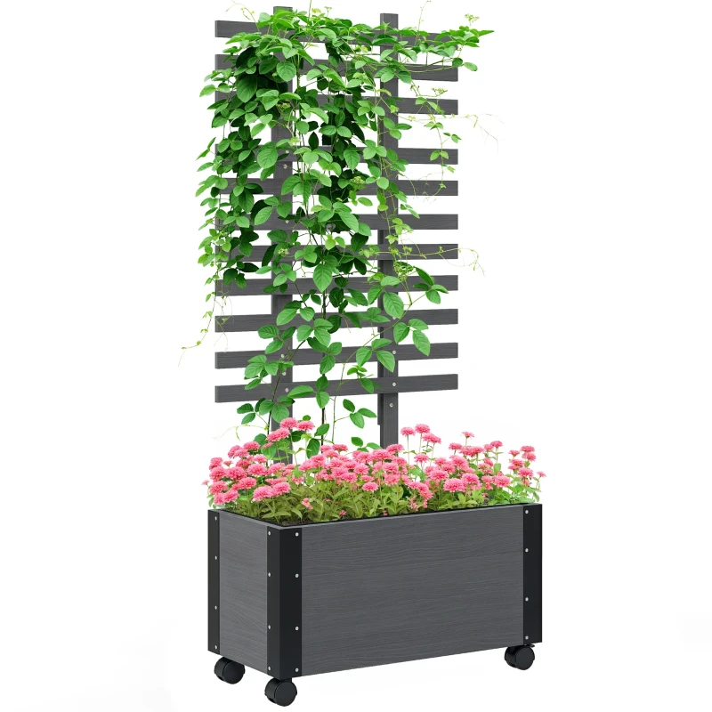 Outsunny Wooden Raised Garden Bed, Planter Box w/ Trellis and Metal Corners, Portable on Wheels for Patio, Backyard, Deck, Gray