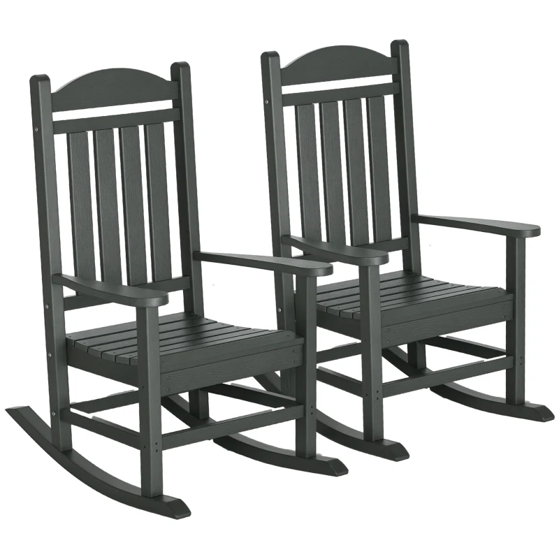 Outsunny 2PCs Outdoor Rocking Chair with Armrests, Fade-Resistant Waterproof HDPE for Indoor & Outdoor, Dark Gray