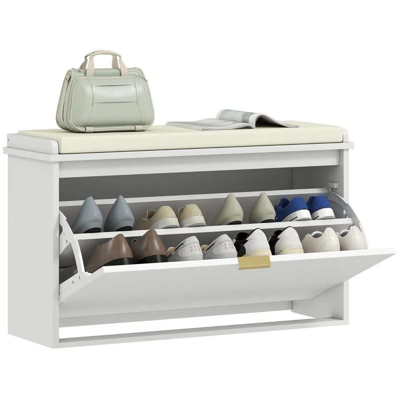 HOMCOM Shoe Storage Bench with Padded Seat Cushion and Flip-Drawer, Entryway Bench, Shoe Cabinet, 31.5x10.2x18.7 Inches, White