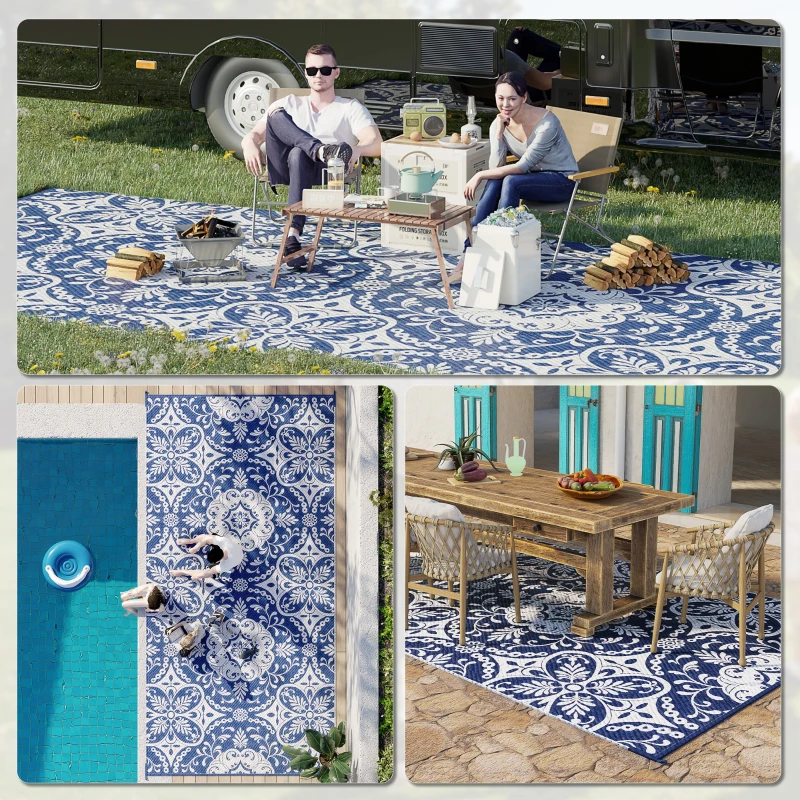 Outsunny Outdoor Rug for Patio, 9' x 18' Waterproof Large Mat, Reversible Plastic Straw Rug for Decor, Portable Outside RV Camping Area Carpet Mat for Backyard Porch Deck Picnic, Blue & White Floral