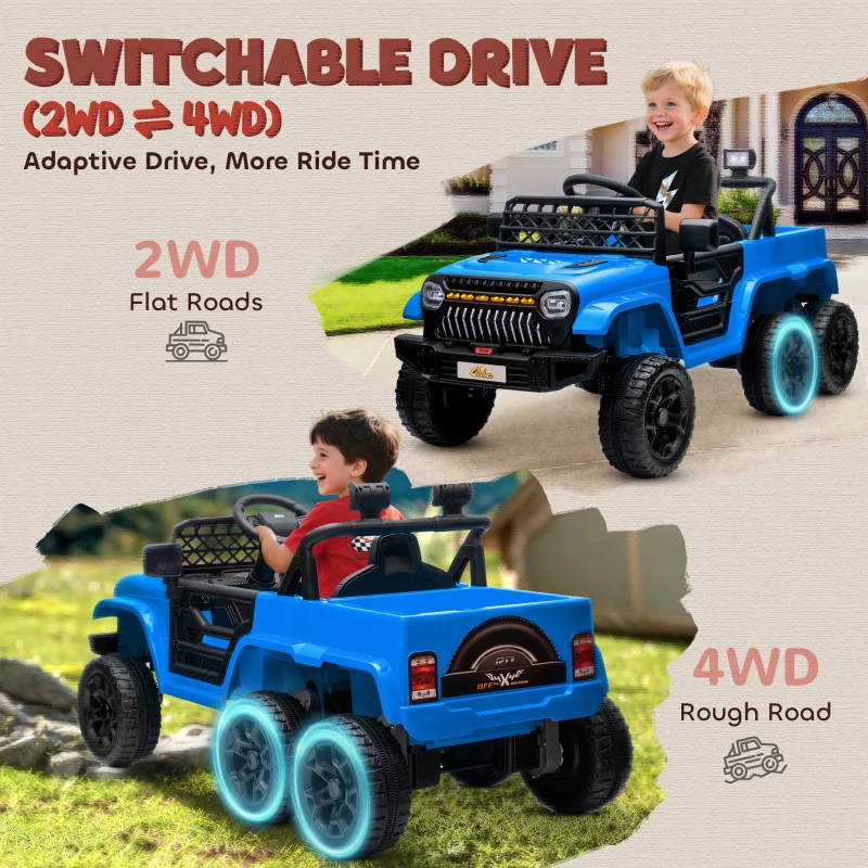 Qaba 12V 4x4 Kids Electric Car w/ 2WD/4WD Switchable, Remote Control, Spring Suspension System, Back Trailer, Light Blue