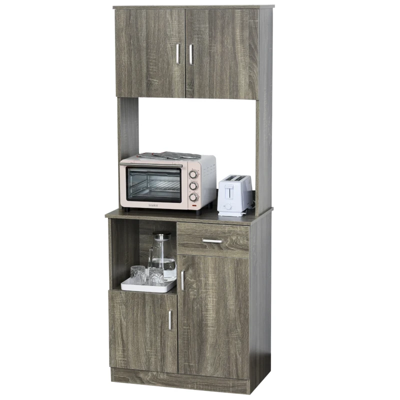 HOMCOM Kitchen Pantry Storage Cabinet with Microwave Stand, Buffet with Hutch, Door Cupboards, Drawer and Adjustable Shelves, Gray