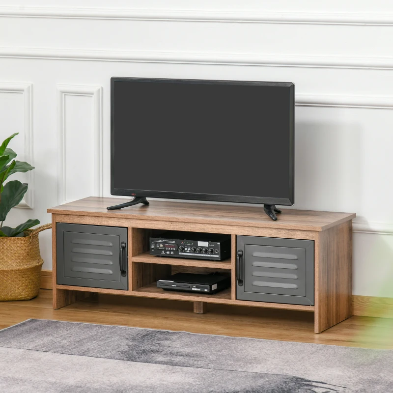 HOMCOM TV Stand Cabinet with Large Tabletop, 2 Locker Style Cupboards, 2 Storage Shelves and Elevated Base for Bedroom, Brown/Grey