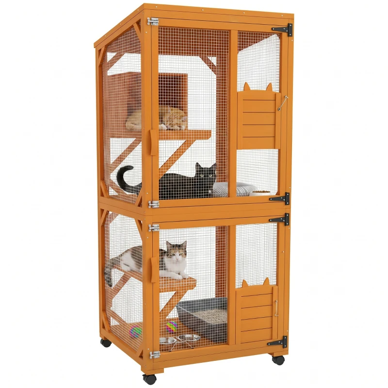 PawHut Large Cat House for 1-3 Cats on Wheels Wooden Catio Enclosure Orange