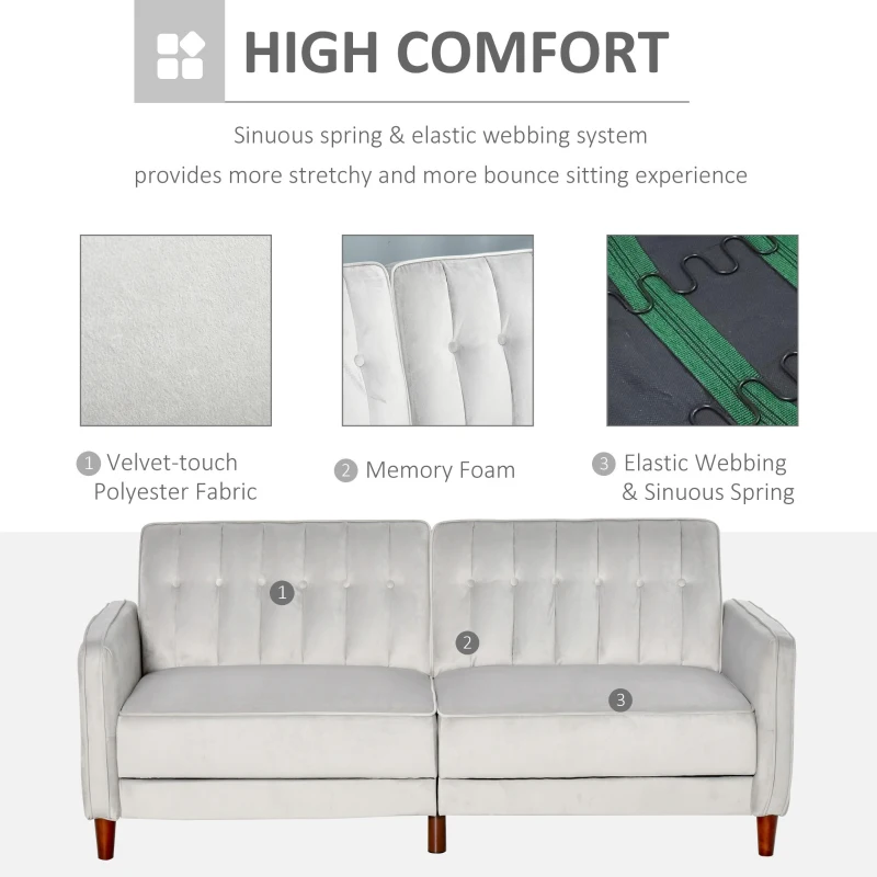 HOMCOM Convertible Sofa Sleeper Futon with Split Back Design Recline, Thick Padded Velvet-Touch Cushion Seating and Wood Legs, Light Grey