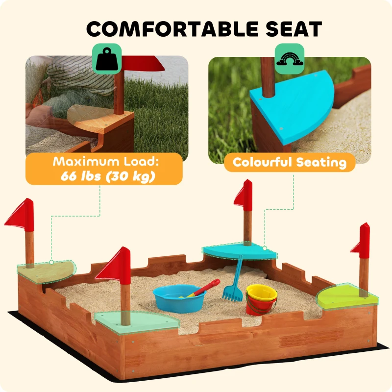 Qaba Kids Wooden Sandbox with Flags, 4 Colorful Built-in Corner Seating, Ground Liner, Gift for Ages 3-7, Wooden Brown