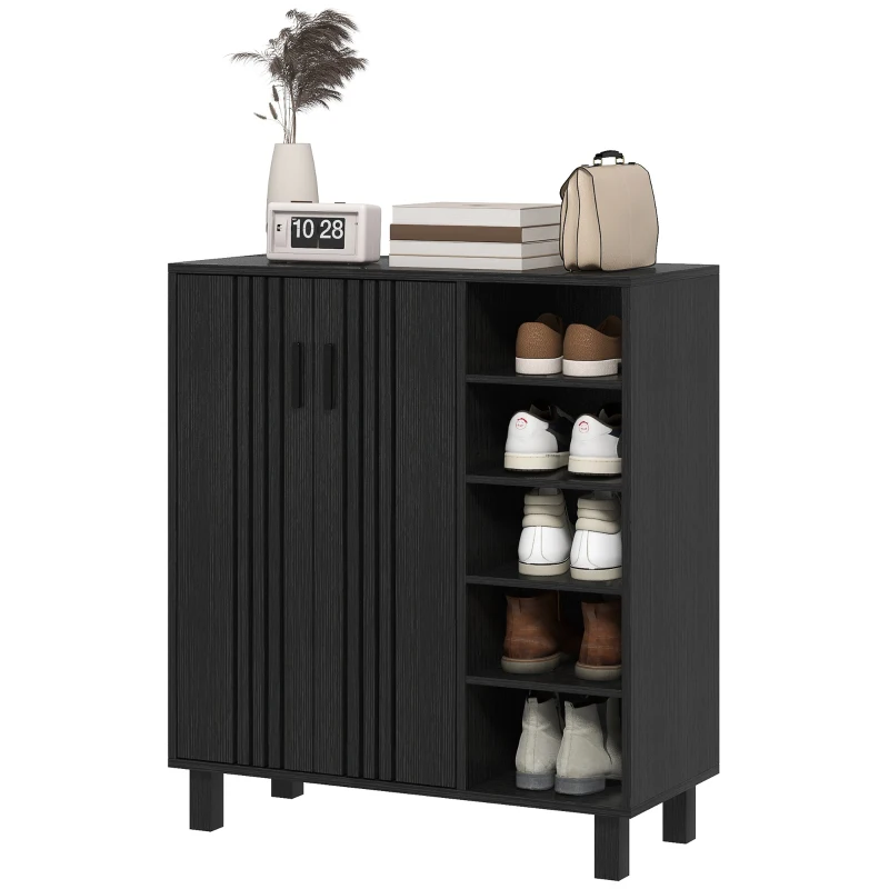 HOMCOM Shoe Storage with Double Doors and Open Shelves 17 Pair Shoe Storage Organizer for Entryway Hallway Black