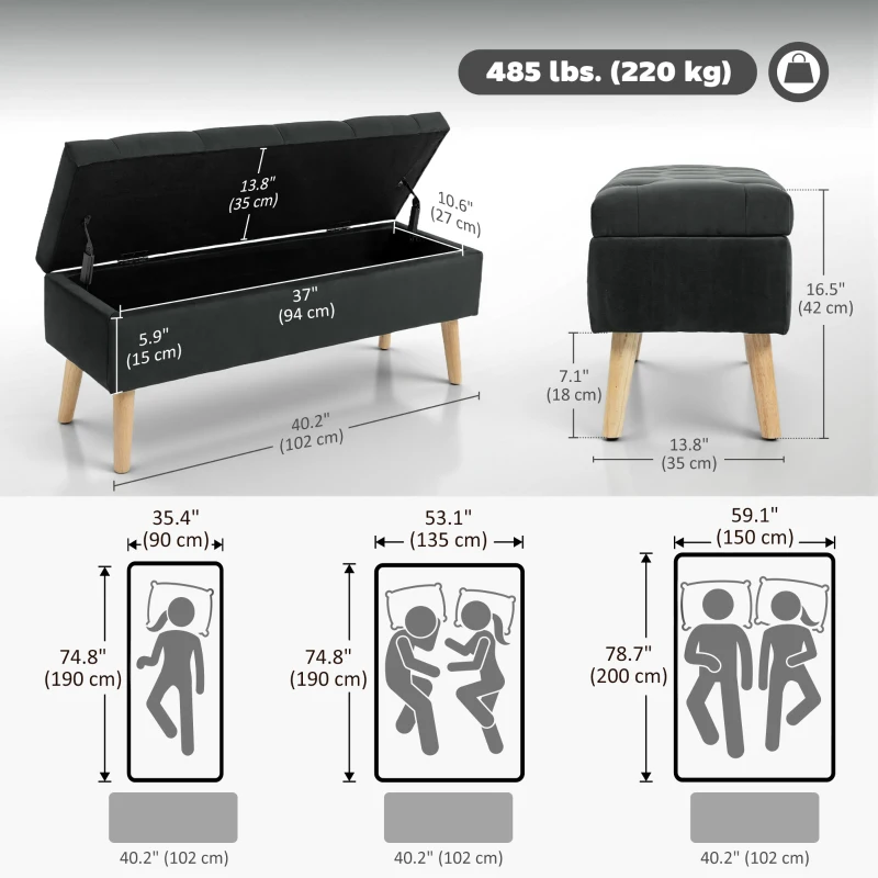HOMCOM Storage Ottoman with Lid, Velvet Upholstered Storage Bench with Wood Legs for Living Room, Black