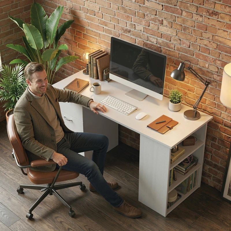 HOMCOM Computer Desk, 47" Writing Table with 3-Tier Shelves and 3 Reversible Drawers for Home Office, Bedroom, White