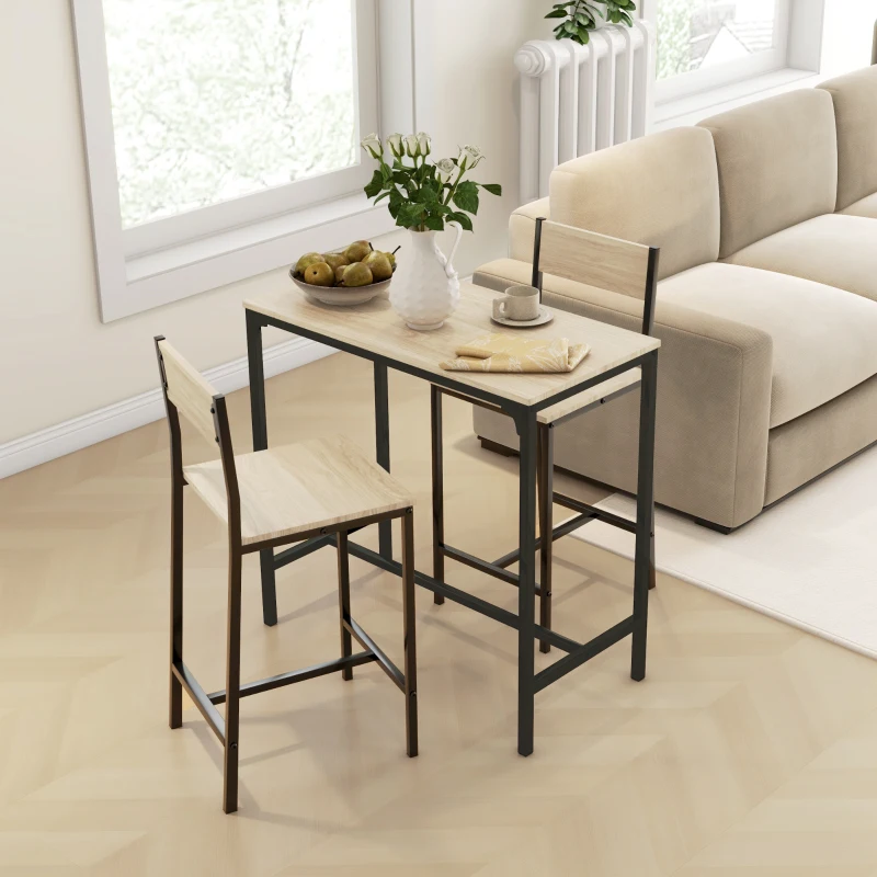 HOMCOM 3 Piece Pub Table and Chairs for 2, Bar Table and Stools with Footrest for Small Space, Oak