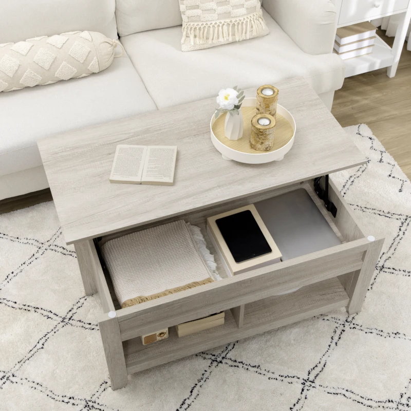 HOMCOM Lift Top Coffee Table with Hidden Storage Compartment and Open Shelves, Lift Tabletop Pop-Up Center Table for Living Room, Oak Effect
