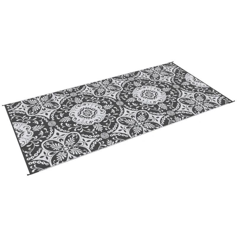 Outsunny Outdoor Rug for Patio, 9' x 18' Waterproof Large Mat, Reversible Plastic Straw Rug for Decor, Portable Outside RV Camping Area Carpet Mat for Backyard Porch Deck Picnic, Gray & White Floral